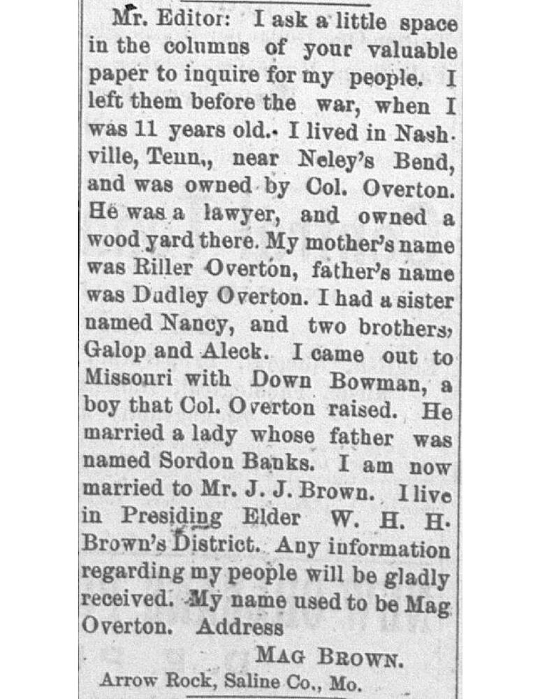 Mag Brown (formerly Mag Overton) searching for her parents Riller and Dudley Overton