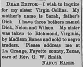 Nancy Eanes looking for her sister Virginia Collins