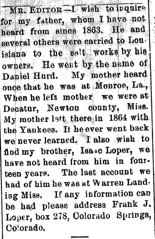 Frank J. Loper searching for his father Daniel Hurd and brother Isaac Loper