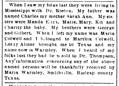 Maria Warmley (formerly Maria Colwell) seeking information about her father Charles, mother Sarah Ann, and siblings