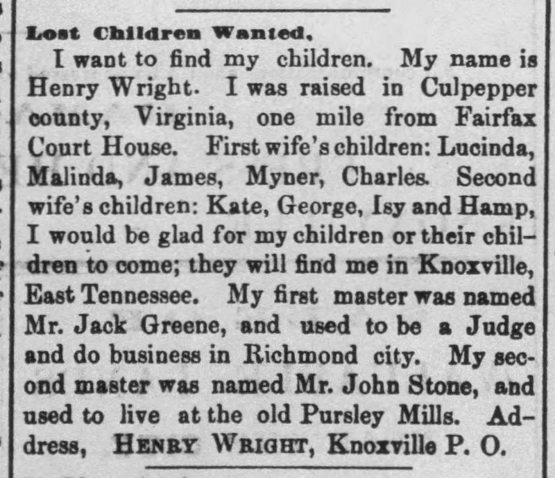 Henry Wright searching for his children (1st of 3 ads placed by Wright)