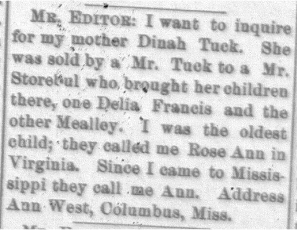 Ann West (formerly Rose Ann) searching for her mother Dinah Tuck