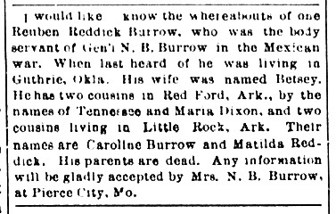 Mrs. N. B. Burrow searching for Reuben Reddick Barrow