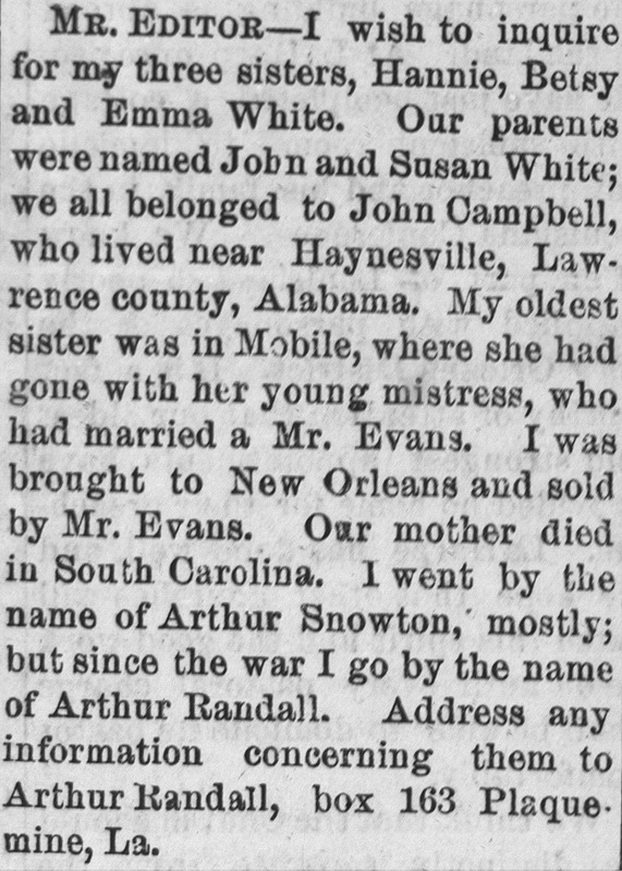 Arthur Randall (formerly Arthur Snowton) searching for his three sisters Hannie, Betsy, and Emma White