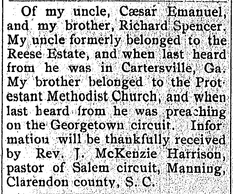 Rev. J. McKenzie Harrison seeking information of his uncle Caesar Emmanuel and his brother Richard Spencer (2nd of 2 ads)