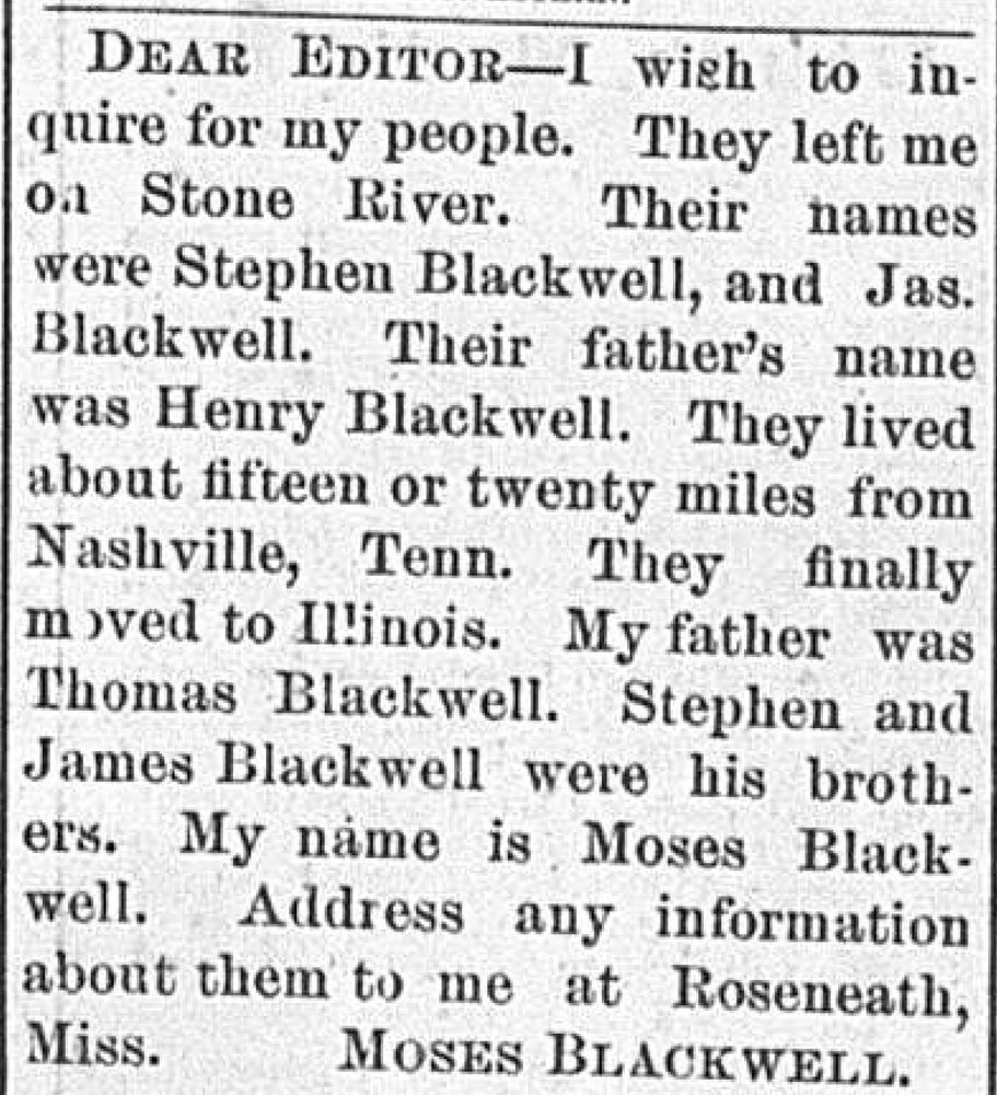 Moses Blackwell seeking his uncles Stephen and James Blackwell