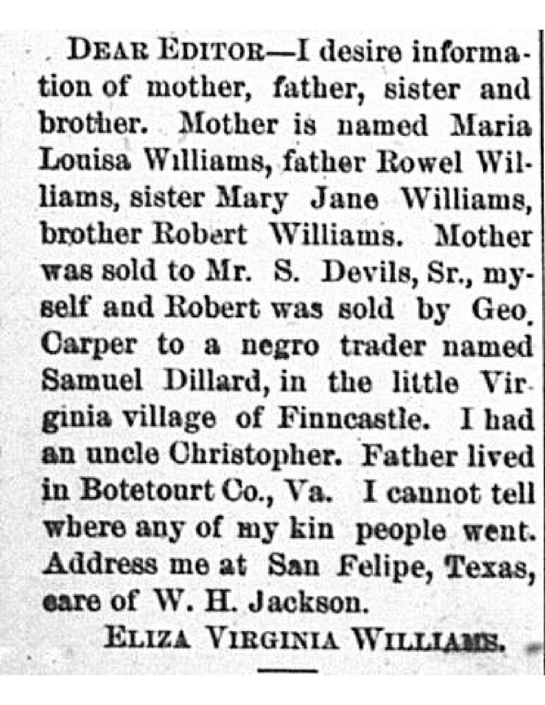 Eliza Virginia Williams searching for her mother Maria Louisa Williams, father Rowel Williams, siblings, and uncle