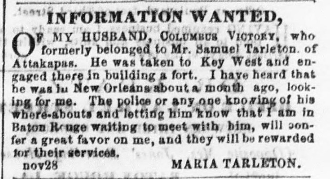 Maria Tarleton looking for her husband Columbus Victory