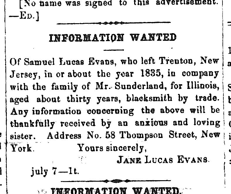 Jane Lucas Evans seeking information about her brother Samuel Lucas Evans