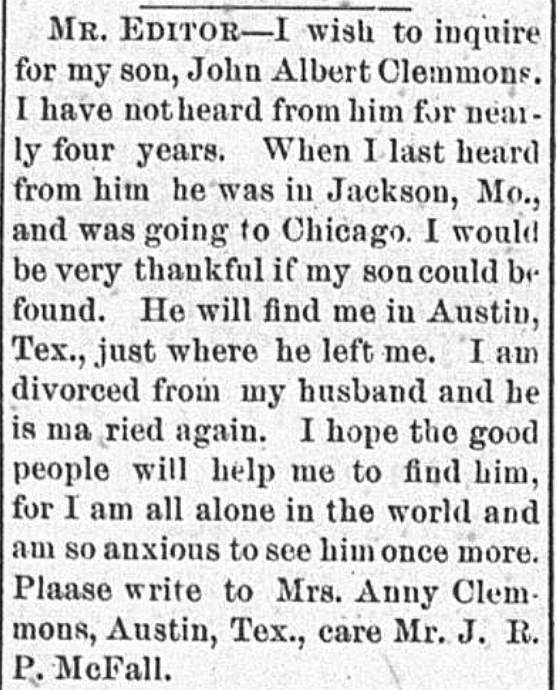 Mrs. Anny Clemmons seeking her son 