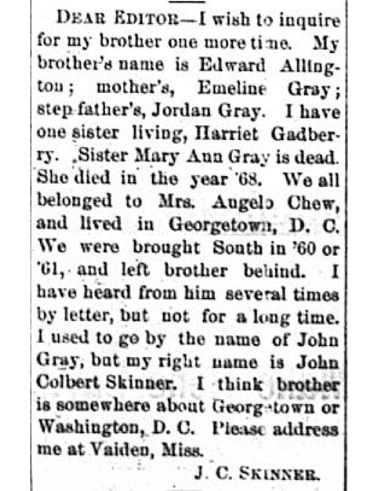 John Colbert Skinner (formerly John Gray) searching for his brother Edward Allington