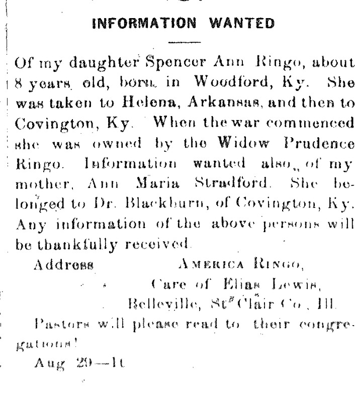 America Ringo looking for her 8-year-old daughter Spencer Ann Ringo and mother Ann Maria Stradford (1st of 2 ads placed for Spencer Ann)