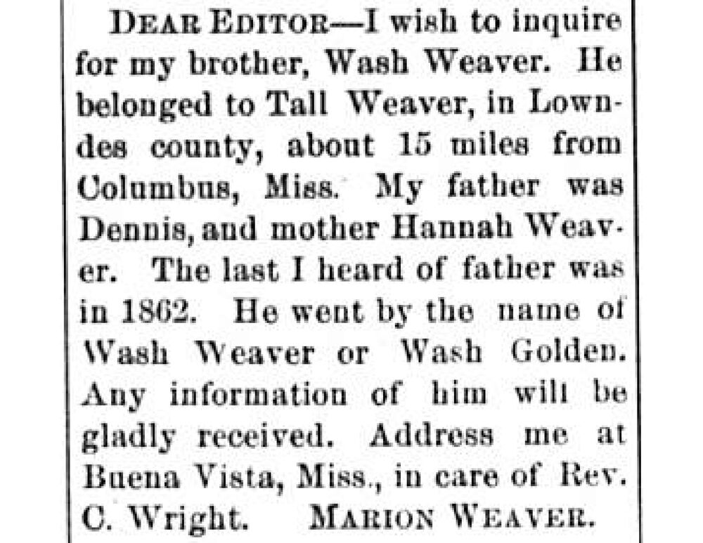 Marion Weaver searching for their brother Wash Weaver (also Wash Golden)