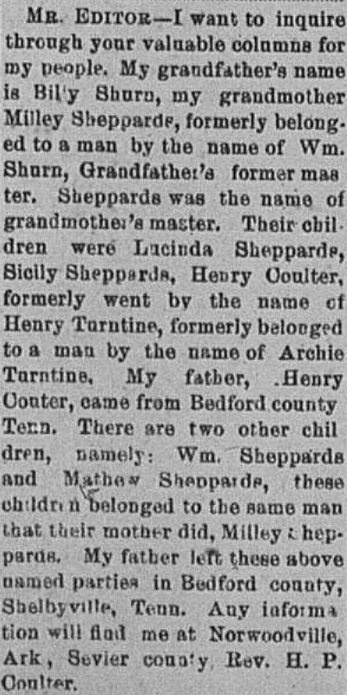 Reverend H. P. Coulter seeking his family, including his father Henry Couter (formerly Henry Turntine)