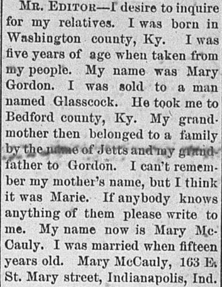 Mary McCauly (formerly Mary Gordon) seeking her relatives