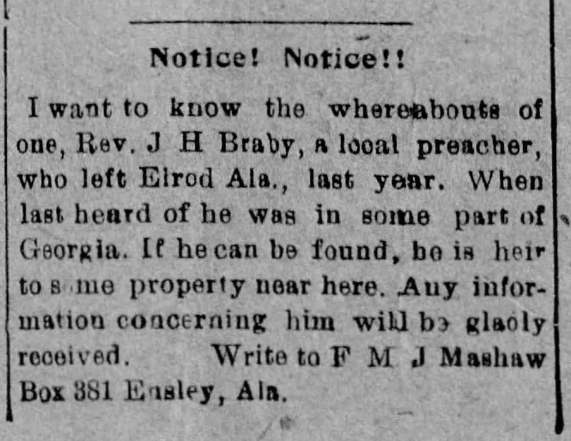 F. M. J. Mashaw searching for Rev. J. H. Braby 