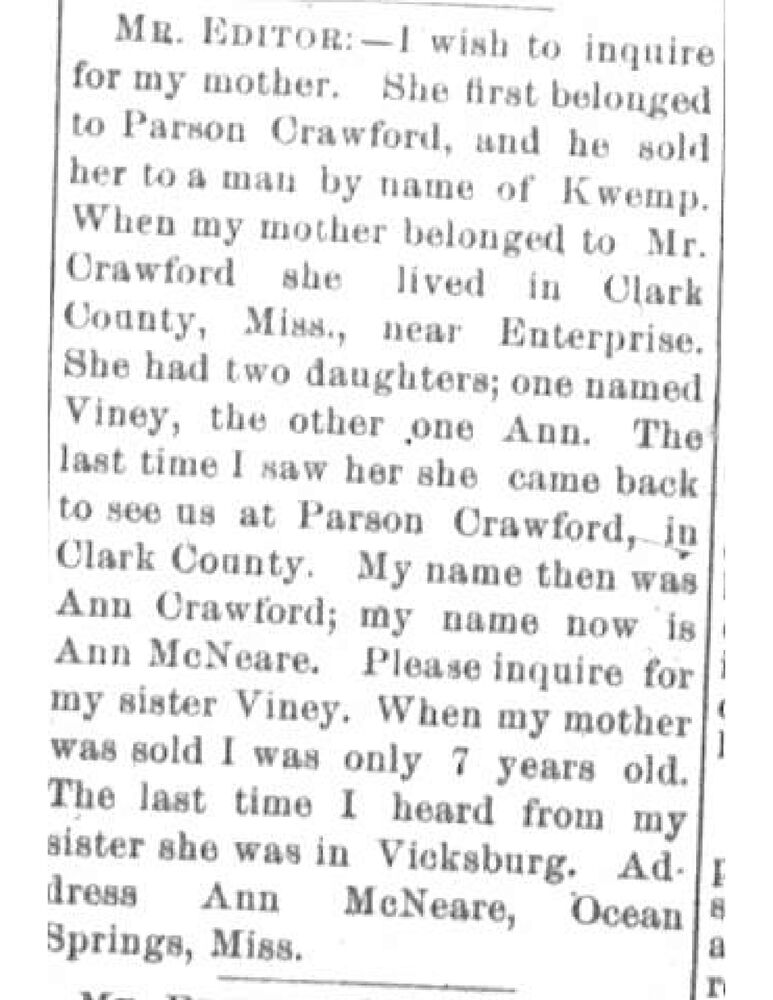 Ann McNeare (formerly Ann Crawford) searching for her mother and sister Viney