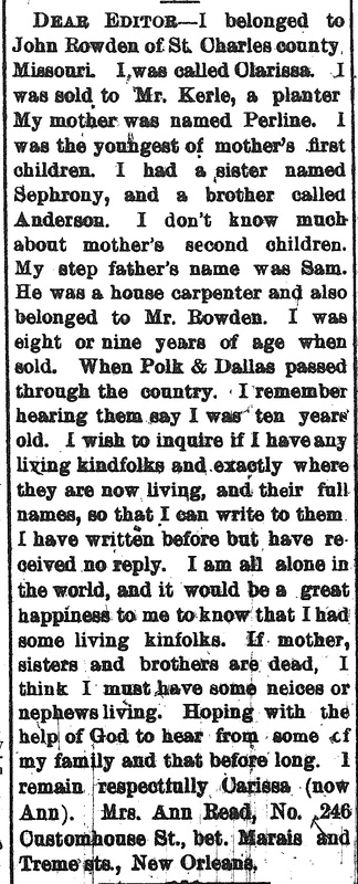 Mrs. Ann Read (formerly Clarissa) searching for her mother Perline, sister Sephrony, and brother Anderson or any family (1st of 2 ads placed)