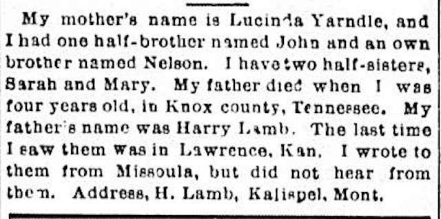 H. Lamb searching for mother Lucinda Yarndle and siblings