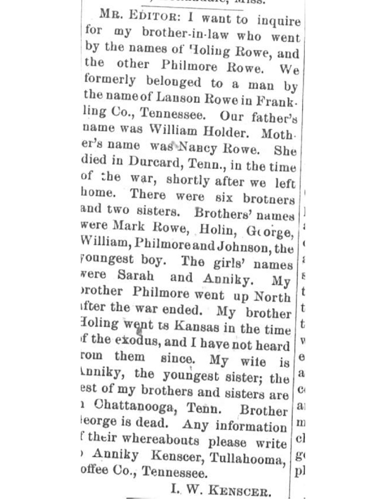 I. W. Kenscer searching for his brother-in-laws Holing and Philmore Rowe