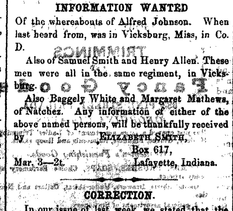 Elizabeth Smith searching for soldiers Alfred Johnson, Samuel Smith, and Henry Allen