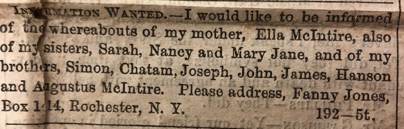 Fanny Jones searching for her mother Ella McIntire and her siblings 