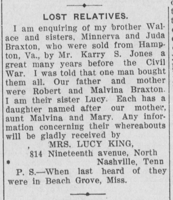 Mrs. Lucy King searching for her brother and sisters