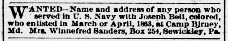 Mrs. Winnefred Sanders searching for anyone who served in the U. S. Navy with Joseph Bell