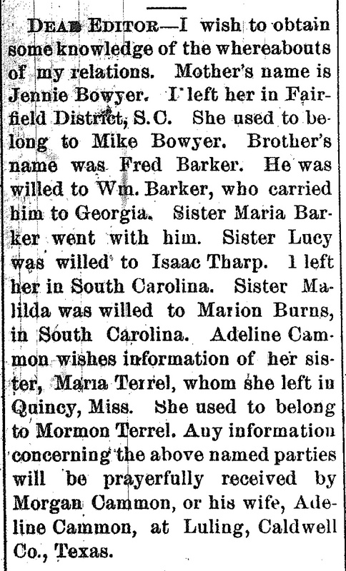 Morgan and Adeline Cammon searching for Morgan&#039;s mother Jennie Bowyer and Adeline&#039;s sister Maria Terrel 