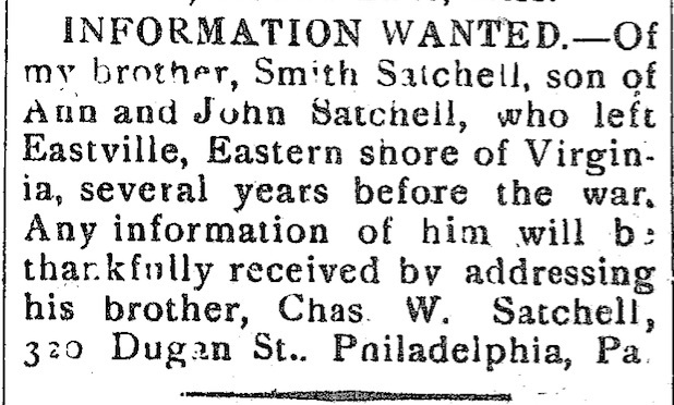 Chas. W. Satchell looking for his brother Smith Satchell