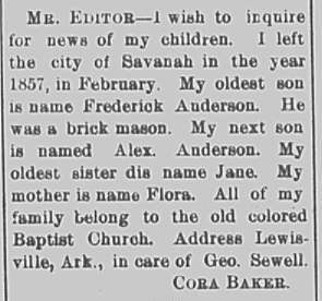 Cora Baker looking for her children Frederick Anderson and Alex Anderson