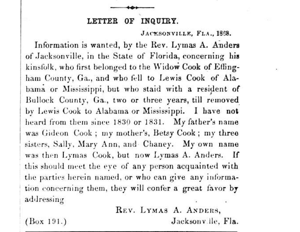 Reverend Lymas A. Anders (formerly Lymas Cook) searching for Gideon Cook, Betsy Cook, and their children