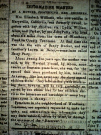 Elizabeth Williams searching for her children Lydia, William, Allen, and Parker