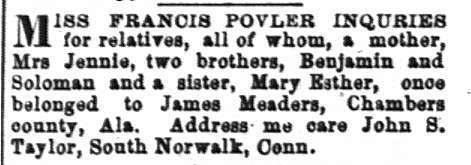 Miss Francis Povler seeking information about her mother Mrs. Jennie and siblings Benjamin, Solomon, and Mary Esther 