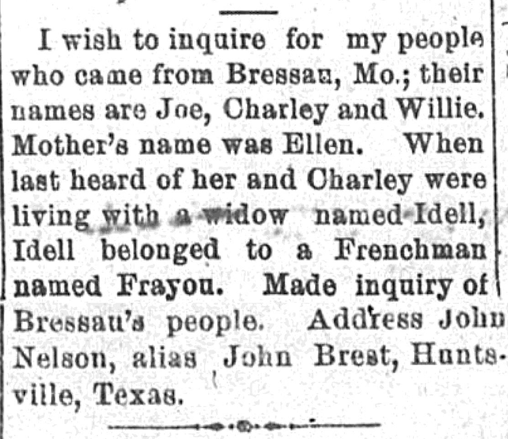 John Nelson (alias John Brest) seeking his people, including his mother