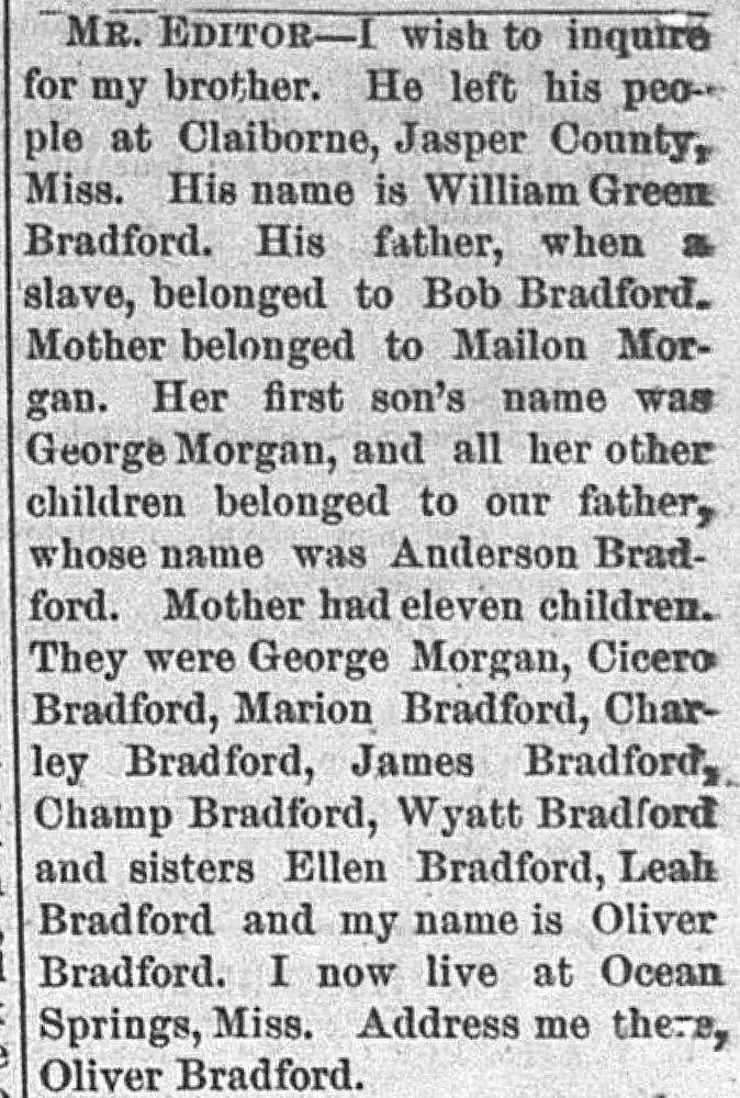 Oliver Bradford searching for his brother William Green Bradford