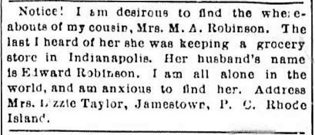 Mrs. Lizzie Taylor seeking her cousin Mrs. M. A. Robinson