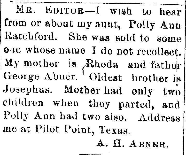 A.H. Abner searching for their aunt Polly Ann Ratchford