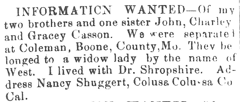 Nancy Shuggert searching for her brothers John and Charley and sistern Gracey Casson