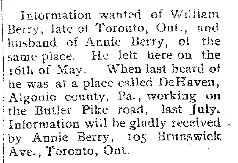 Annie Berry seeking information on her husband William Berry