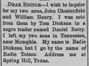 Eadie Tolson (formerly Eadie Dickens) seeking her sons John Chesterfield and William Henry