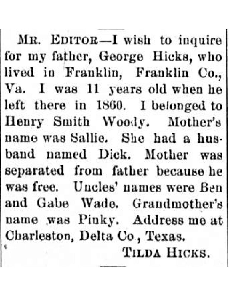 Tilda Hicks searching for her father George Hicks 