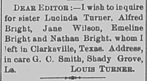 Louis Turner seeking Lucinda Turner, Jane Wilson, Emeline Bright, Alfred Bright, and Nathan Bright