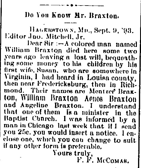 F. F. McComas looking for William Braxton&#039;s children Menizer, William, Agnes, and Angeline