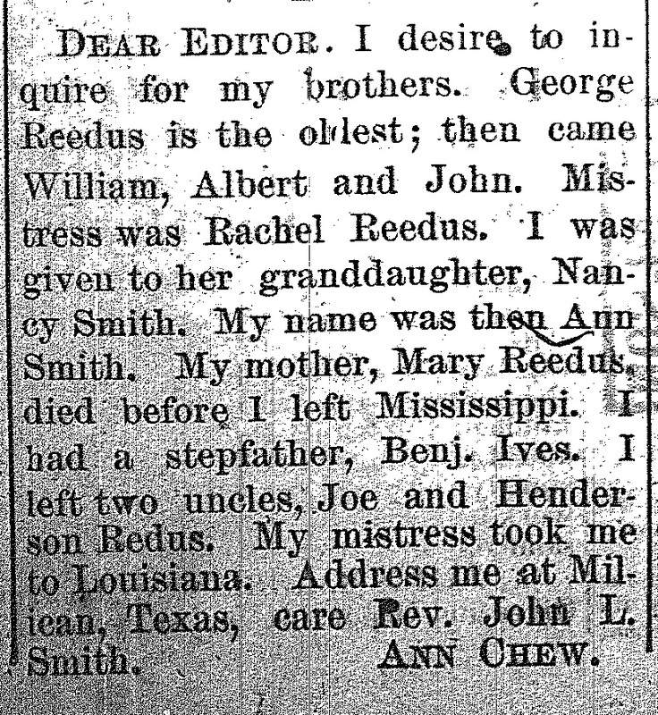 Ann Chew (formerly Ann Smith) searching for her brothers George Reedus, William, Albert, and John 