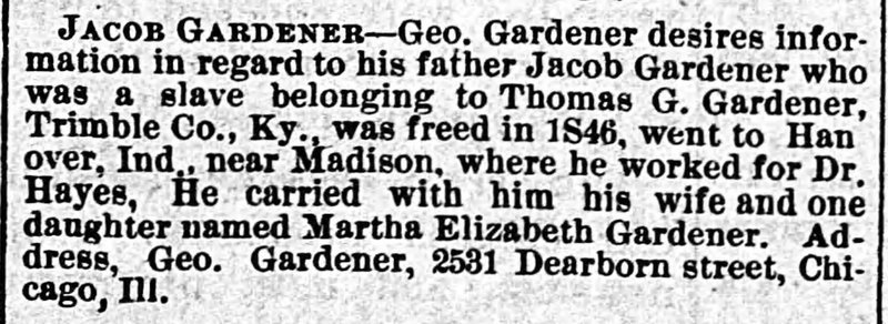 Geo. Gardener searching for his father Jacob Gardener 