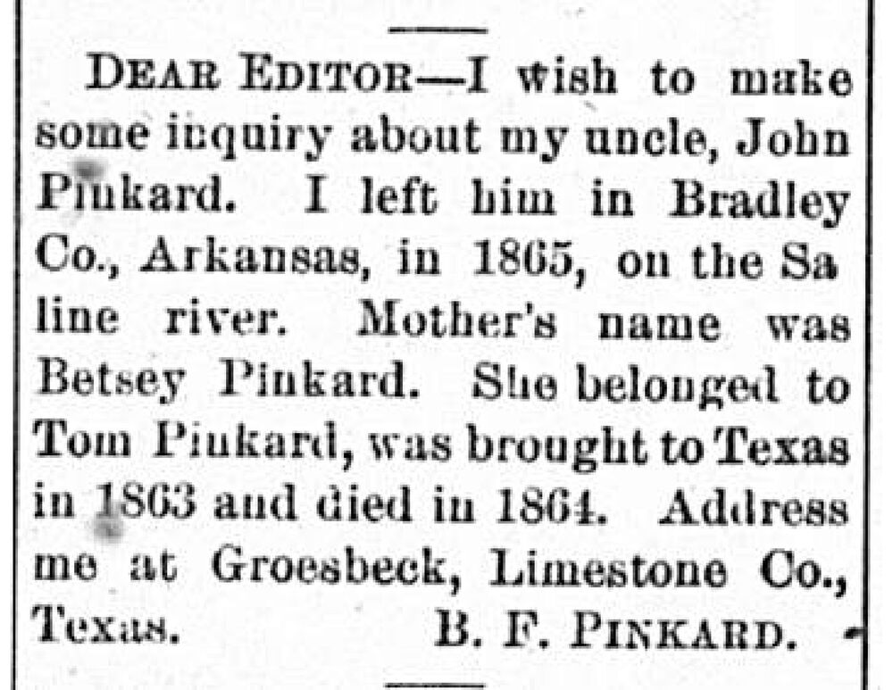 B. F. Pinkard searching for his uncle John Pinkard