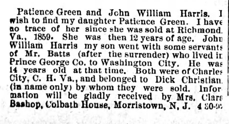 Mrs. Clara Bashop searching for her daughter Patience Green and son John William Harris 