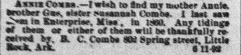 B.C. Combs searching for his mother, Annie, brother, Gus, and sister Susanna Combs