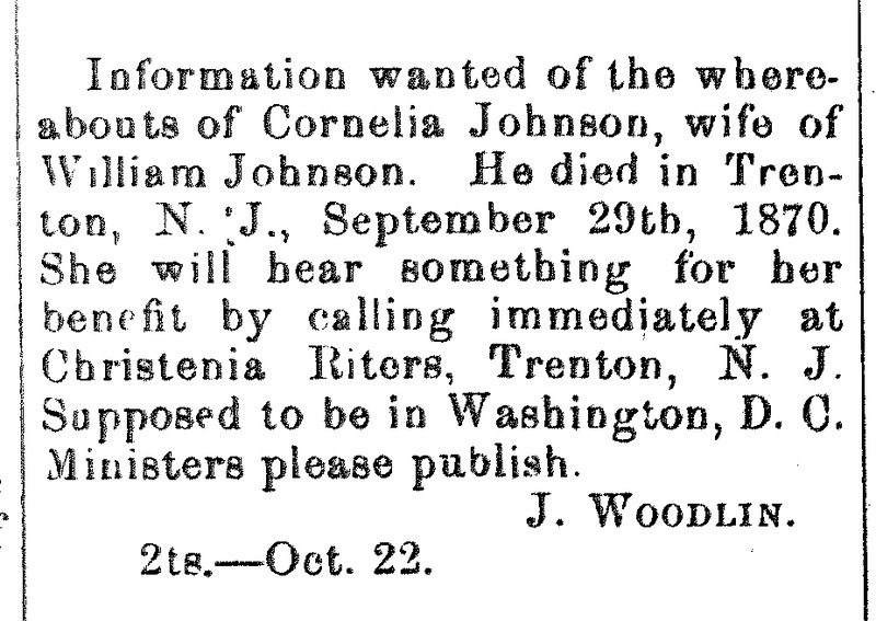 J. Woodlin searching for Cornelia Johnson, the wife of William Johnson